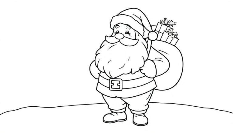 Placa de color de Papá Noel sonriente con un saco de regalos.
