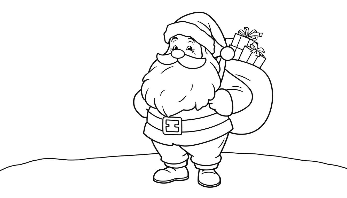 Placa de color de Papá Noel sonriente con un saco de regalos.