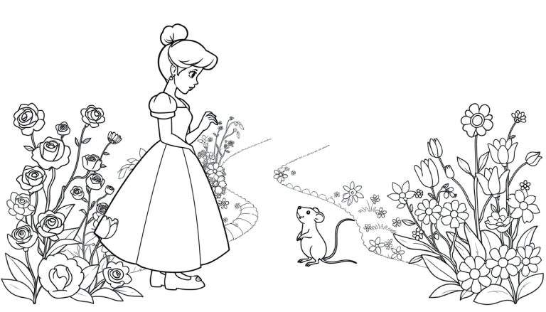 Dibujo lineal en blanco y negro de Cenicienta y un ratón en un jardín.