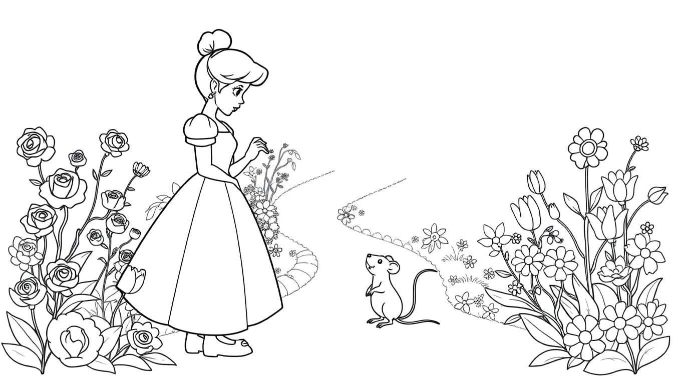 Dibujo lineal en blanco y negro de Cenicienta y un ratón en un jardín.