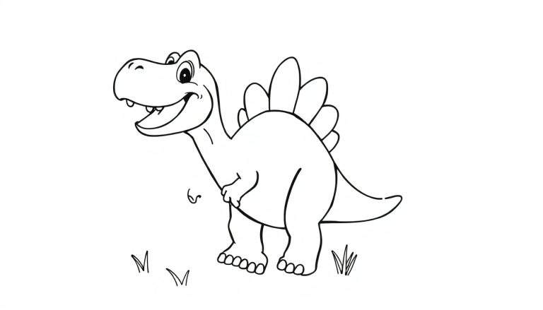 Dinosaurio Estegosaurio amigable, dibujo lineal en blanco y negro con una gran placa dorsal de color y una sonrisa, de pie sobre hierba.