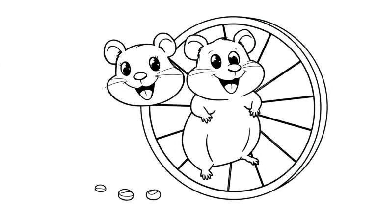 Dibujo lineal en blanco y negro de dos hámsteres felices, uno en una rueda y otro al lado, con golosinas en el suelo, esperando la placa de color.