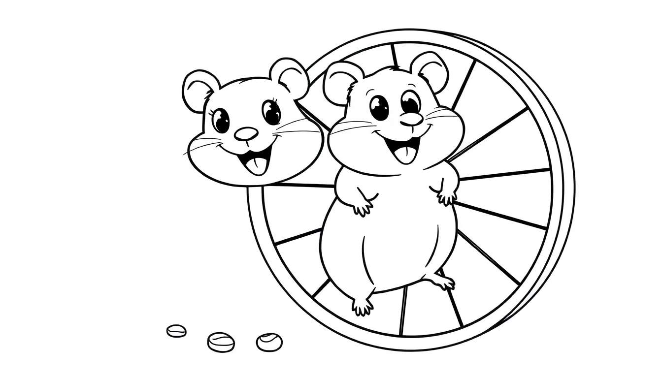 Dibujo lineal en blanco y negro de dos hámsteres felices, uno en una rueda y otro al lado, con golosinas en el suelo, esperando la placa de color.
