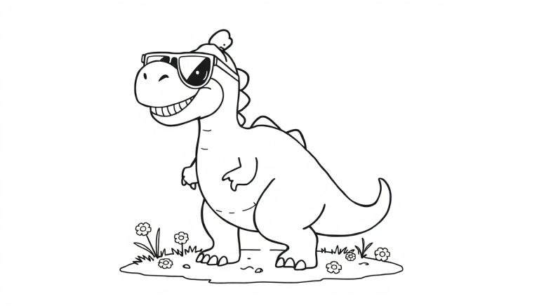Placa de color de un Tiranosaurio Rex amigable con gafas de sol y un helado.