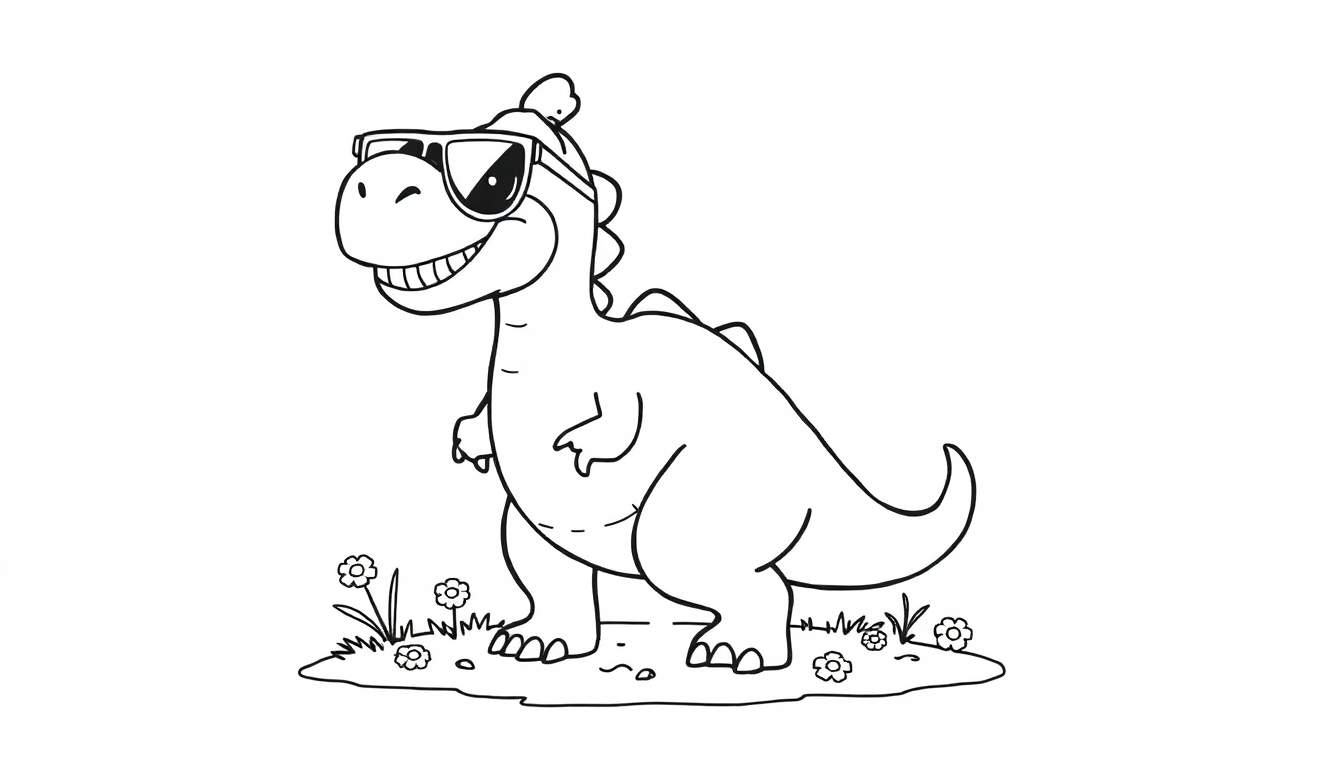 Placa de color de un Tiranosaurio Rex amigable con gafas de sol y un helado.