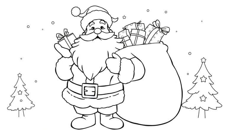Placa de color de Papá Noel sonriente con un saco de regalos entre árboles de Navidad.