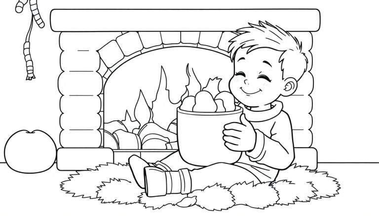 Placa de color de un niño feliz cerca de una chimenea