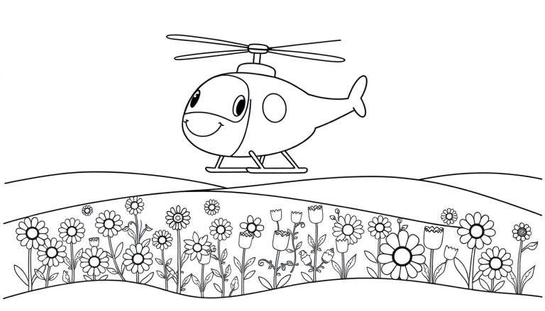 Un helicóptero de dibujos animados sonriente sobre un campo de flores para colorear, como una placa de color.