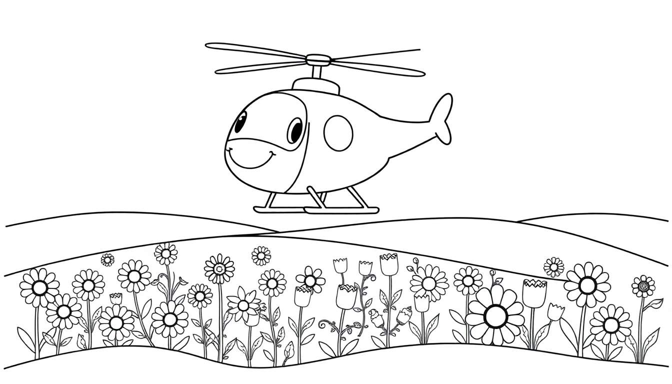 Un helicóptero de dibujos animados sonriente sobre un campo de flores para colorear, como una placa de color.