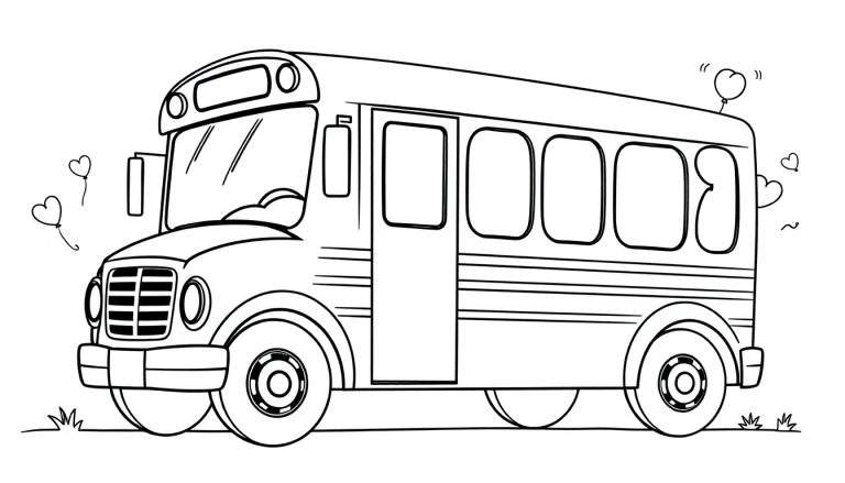 Autobús escolar blanco y negro para colorear con globos en forma de corazón, una placa de color para pintar.