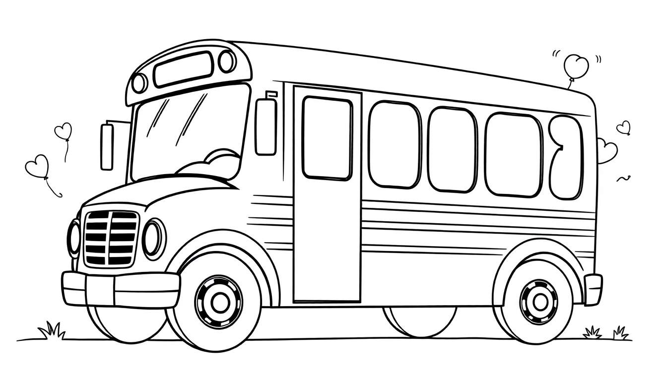 Autobús escolar blanco y negro para colorear con globos en forma de corazón, una placa de color para pintar.
