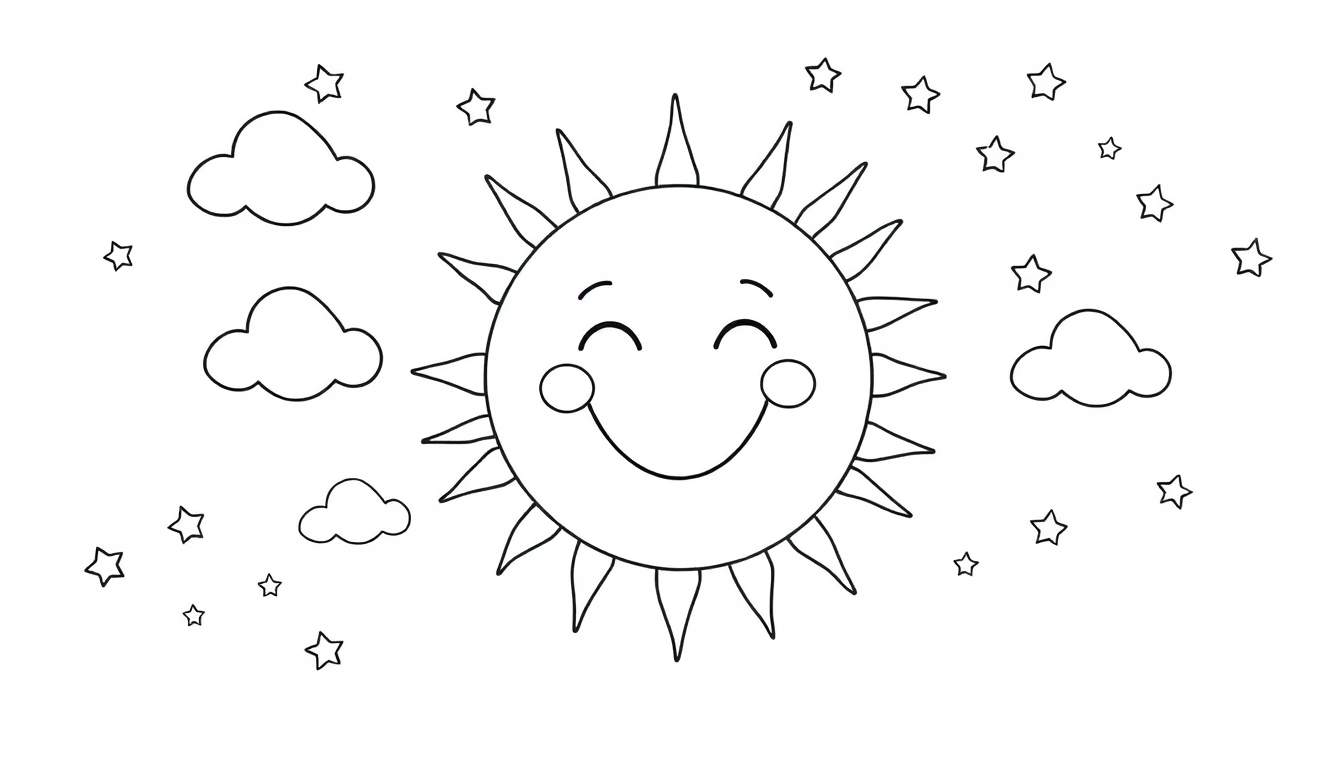 Placa de color de un sol sonriente con nubes y estrellas.