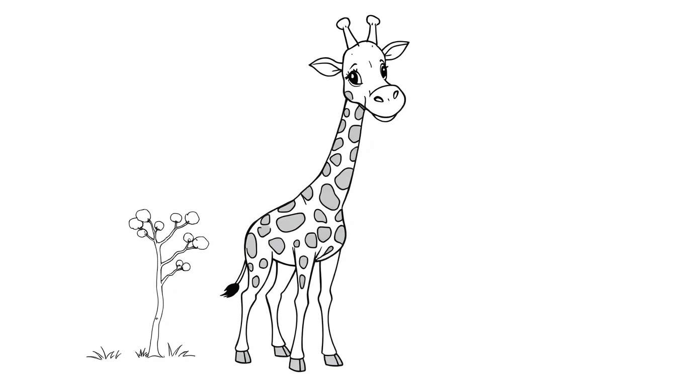 Una jirafa de dibujos animados de color blanco y negro está lista para ser coloreada, junto a un pequeño árbol.