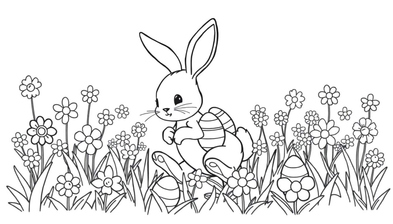 Placa de color con un conejito de Pascua dibujado a mano entre flores.