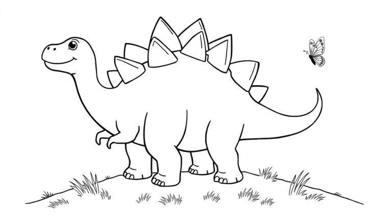 Un Estegosaurio amigable para colorear con una placa de color vibrante.