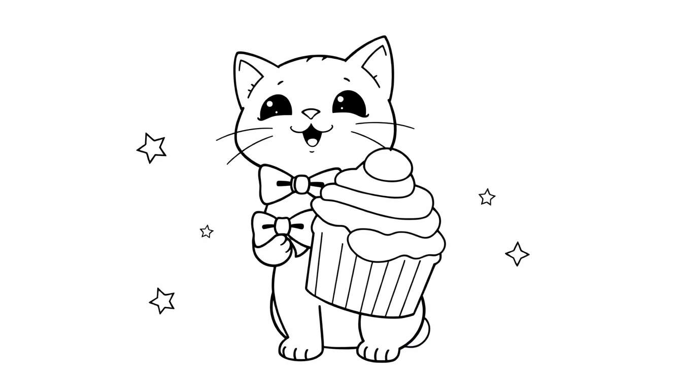 Un gatito de estilo kawaii dibujado con líneas finas, sonriendo con la boca abierta mientras sostiene un gran cupcake. El gato lleva una pajarita y hay estrellas dispersas a su alrededor.