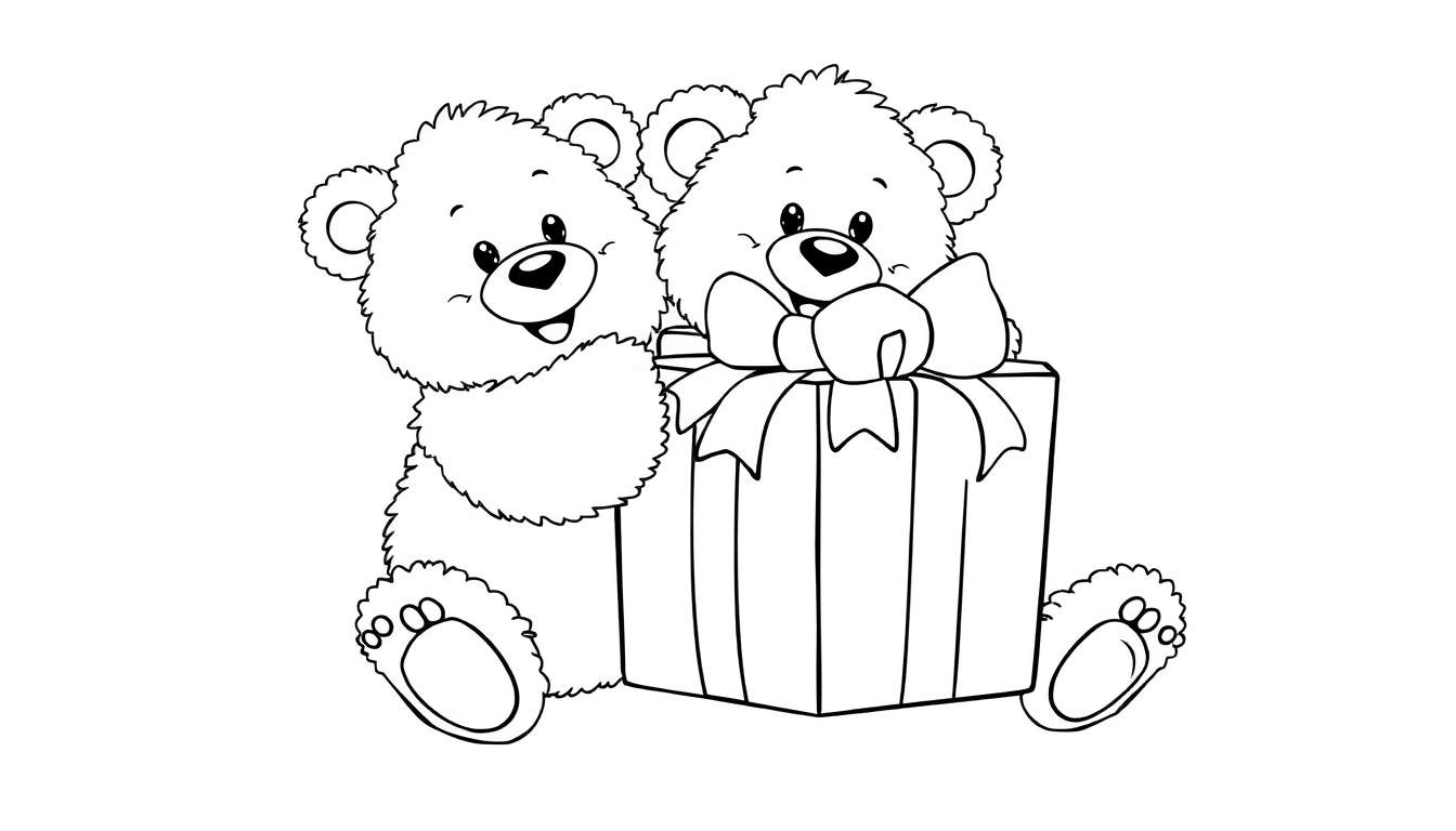 Placa de color: dos ositos de peluche, uno sonriendo y levantando la pata, el otro detrás de un regalo con un lazo.