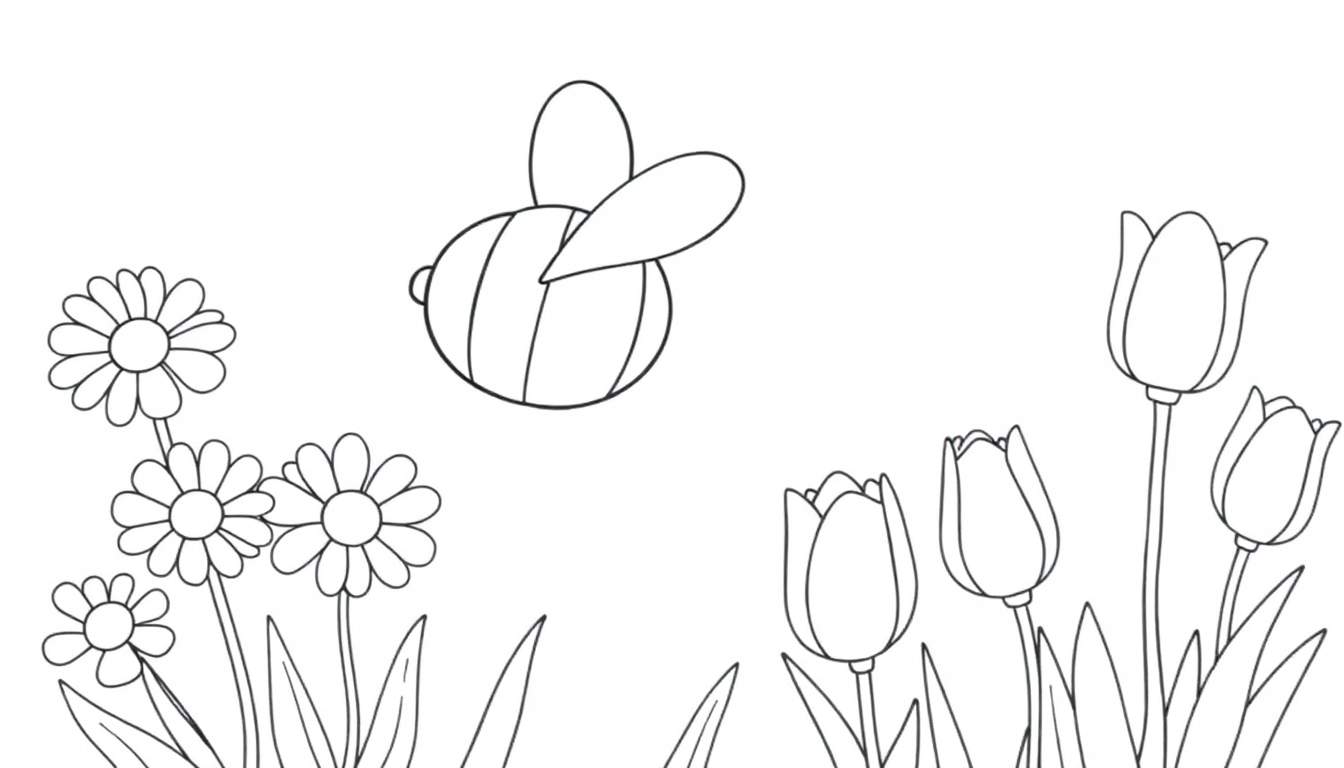 Placa de color: Una linda abeja vuela entre margaritas y tulipanes, lista para ser coloreada.