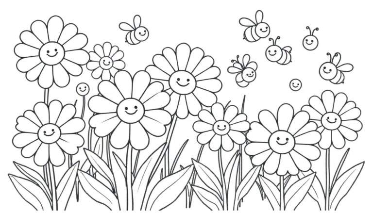 Página para colorear en blanco y negro de un jardín con flores sonrientes y abejas, un festín de placa de color.