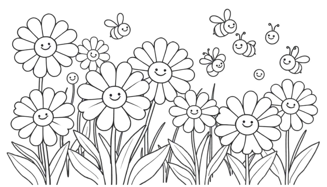 Página para colorear en blanco y negro de un jardín con flores sonrientes y abejas, un festín de placa de color.
