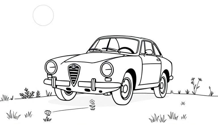 Un coche clásico italiano estilo coupé, listo para colorear, sobre hierba con flores y un sol dibujado en el fondo. Placa de color.