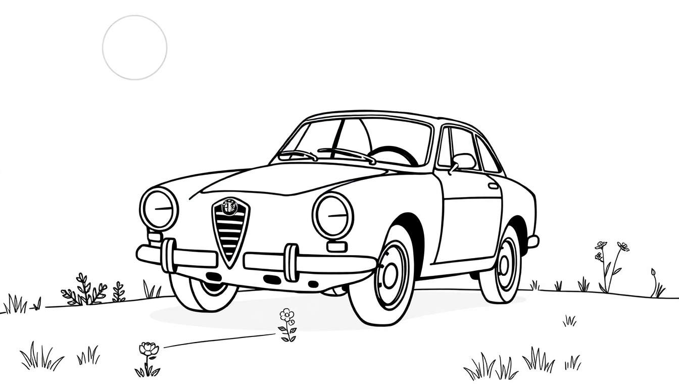 Un coche clásico italiano estilo coupé, listo para colorear, sobre hierba con flores y un sol dibujado en el fondo. Placa de color.