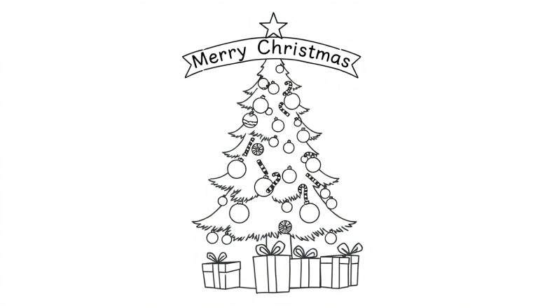 Placa de color de un árbol de Navidad decorado, listo para colorear, con una estrella y un cartel de 'Feliz Navidad'.
