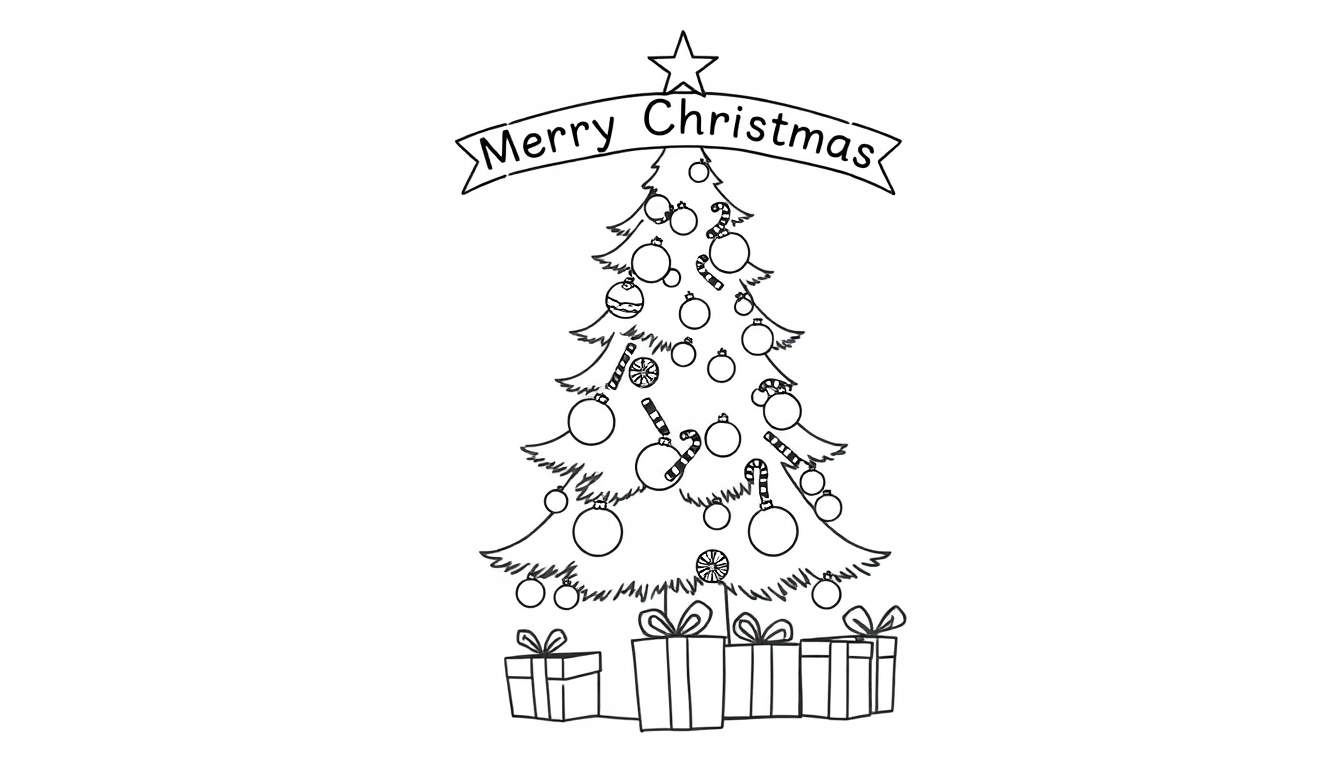 Placa de color de un árbol de Navidad decorado, listo para colorear, con una estrella y un cartel de 'Feliz Navidad'.