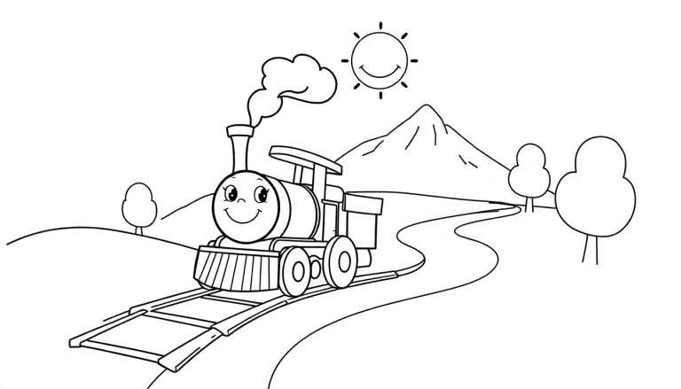 Un tren sonriente en blanco y negro, listo para ser coloreado, viajando por un paisaje con montaña, árboles y sol.