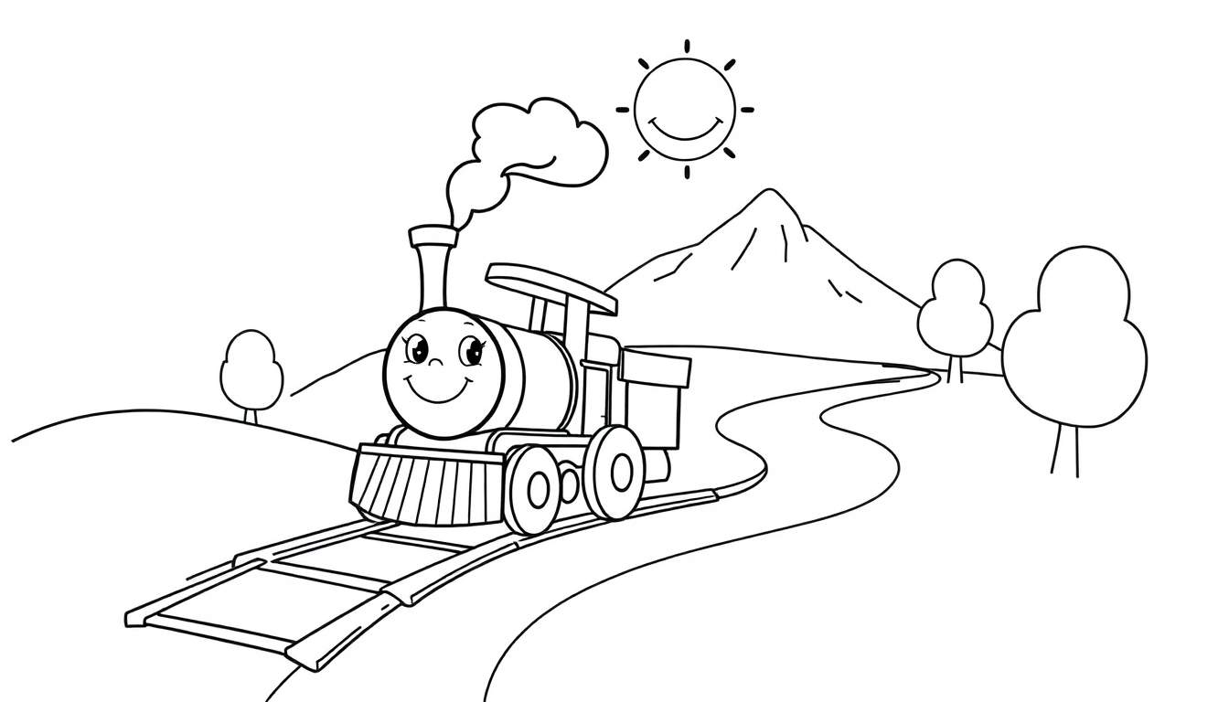 Un tren sonriente en blanco y negro, listo para ser coloreado, viajando por un paisaje con montaña, árboles y sol.