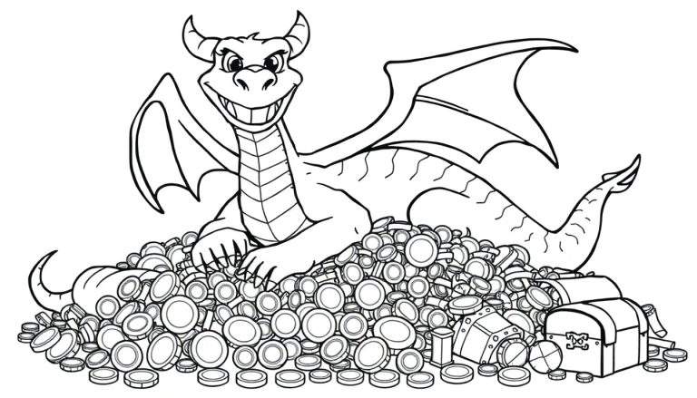 Un dragón de caricatura sonriente sentado en una gran pila de monedas de oro y cofres del tesoro, listo para ser coloreado en la placa de color.