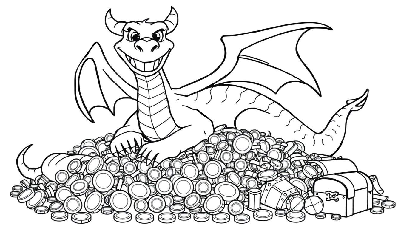 Un dragón de caricatura sonriente sentado en una gran pila de monedas de oro y cofres del tesoro, listo para ser coloreado en la placa de color.
