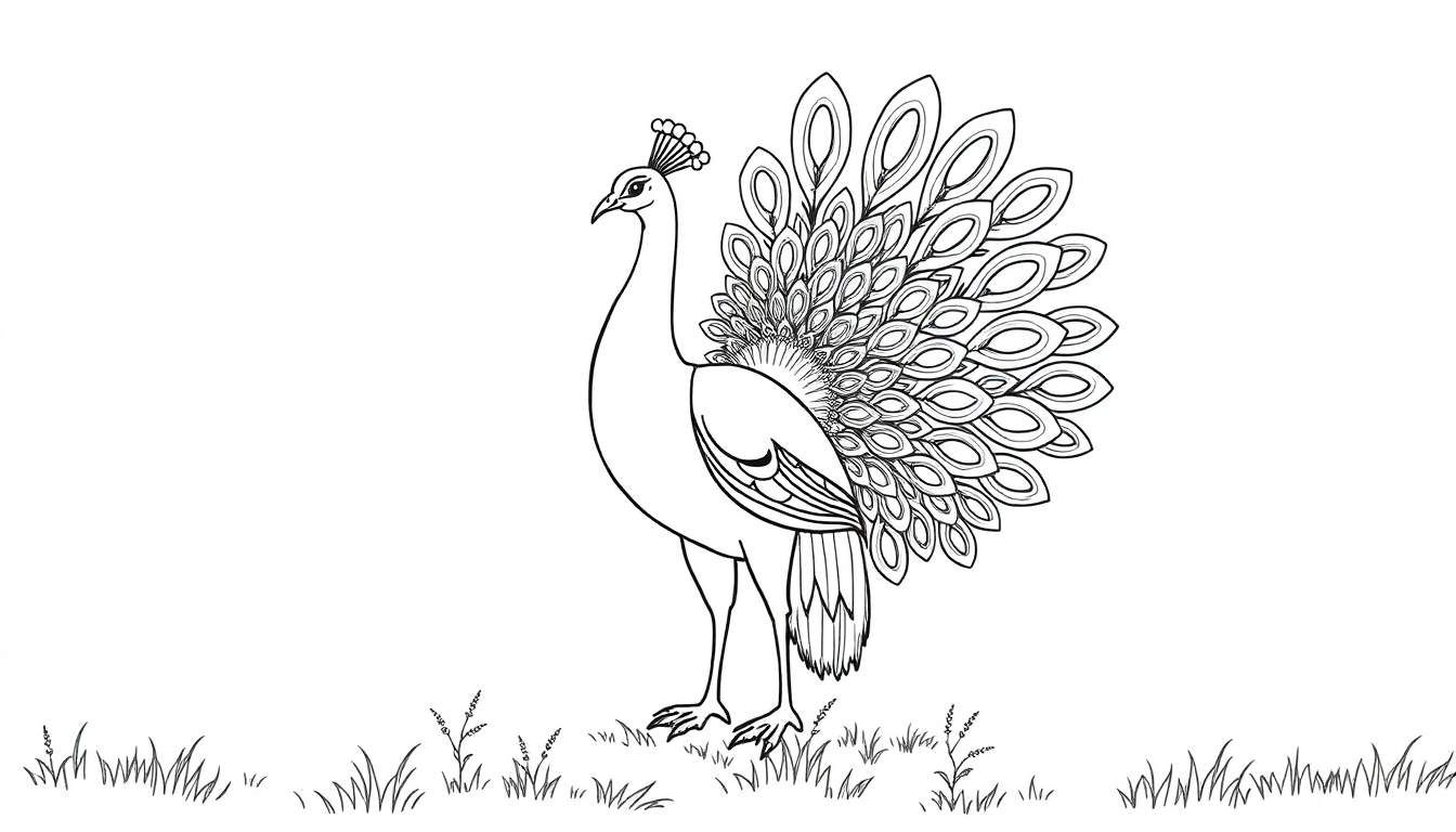Un pavo real en blanco y negro con su cola desplegada en un campo de hierba, listo para ser coloreado.