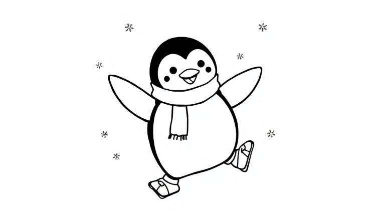Placa de color de un pingüino de dibujos animados patinando felizmente con una bufanda y patines de hielo, rodeado de copos de nieve.