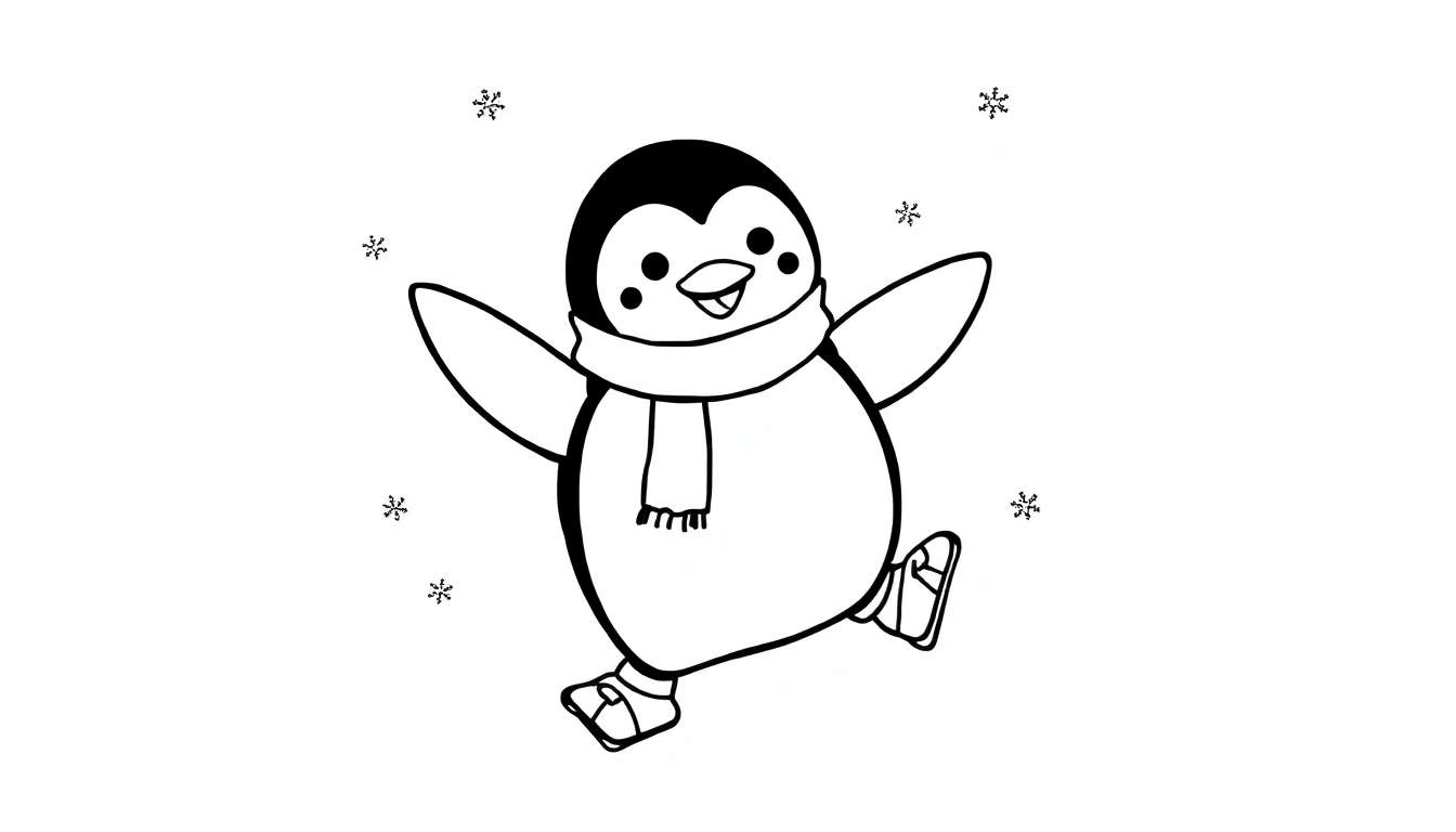 Placa de color de un pingüino de dibujos animados patinando felizmente con una bufanda y patines de hielo, rodeado de copos de nieve.