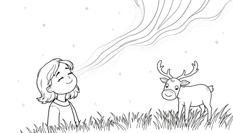 Una niña sonriente y un reno en un campo, mirando una aurora boreal en una placa de color.