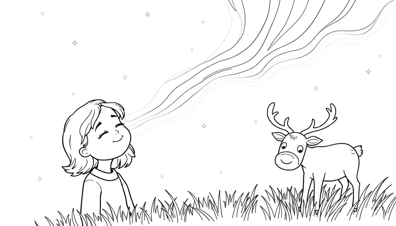 Una niña sonriente y un reno en un campo, mirando una aurora boreal en una placa de color.
