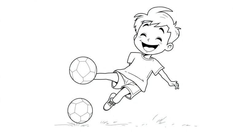 Niño sonriente a punto de patear una placa de color de fútbol.