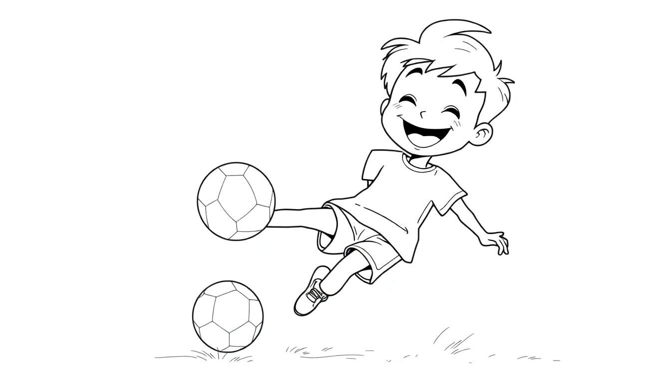 Niño sonriente a punto de patear una placa de color de fútbol.
