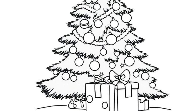 Placa de color de un árbol de Navidad decorado con adornos y regalos.
