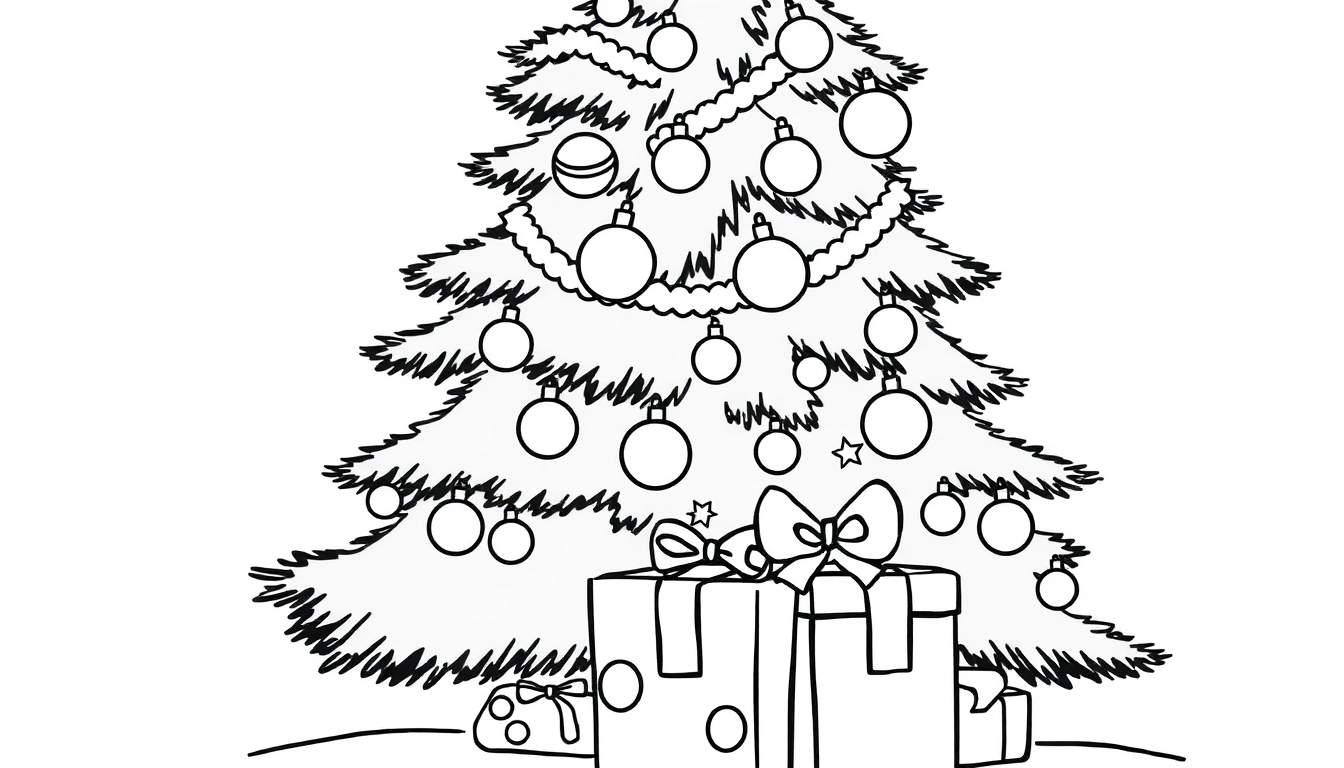 Placa de color de un árbol de Navidad decorado con adornos y regalos.