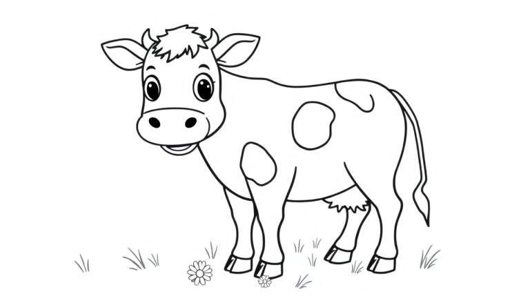 Placa de color de una vaca Holstein amigable dibujada a mano, lista para colorear.