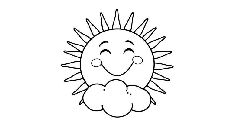 Placa de color de un sol sonriente con una nube debajo, listo para colorear.