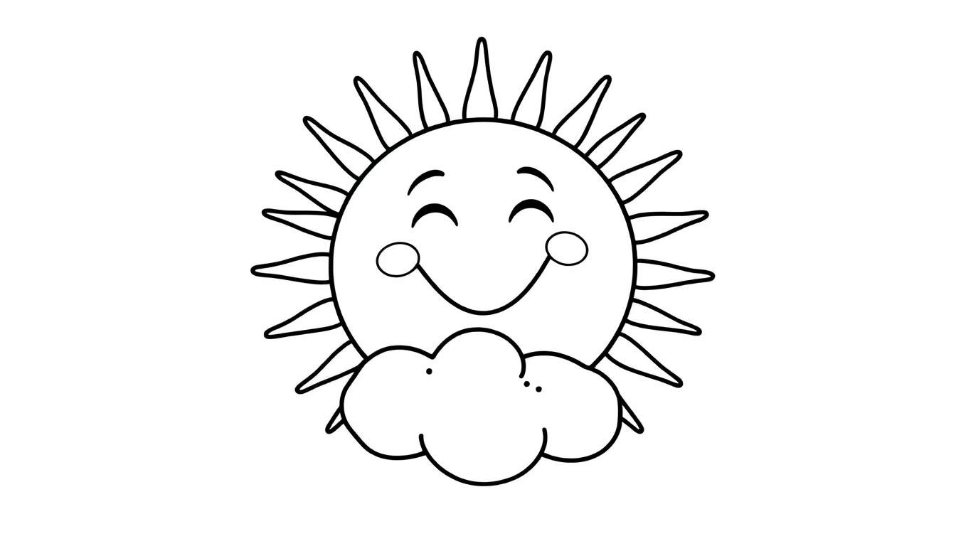 Placa de color de un sol sonriente con una nube debajo, listo para colorear.