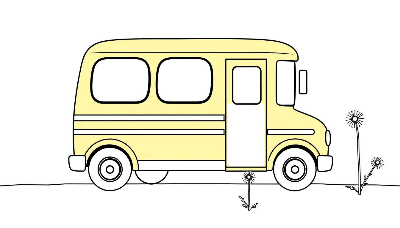 Autobús escolar amarillo de dibujos animados para colorear, con la puerta abierta y dos dientes de león cerca.