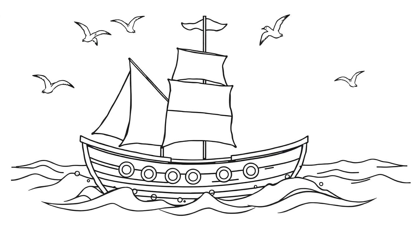 Barco pirata con velas en el mar con pájaros en el cielo