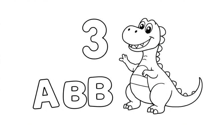 Dinosaurio amistoso saludando junto a las letras ABB y el número 3 en una placa de color.
