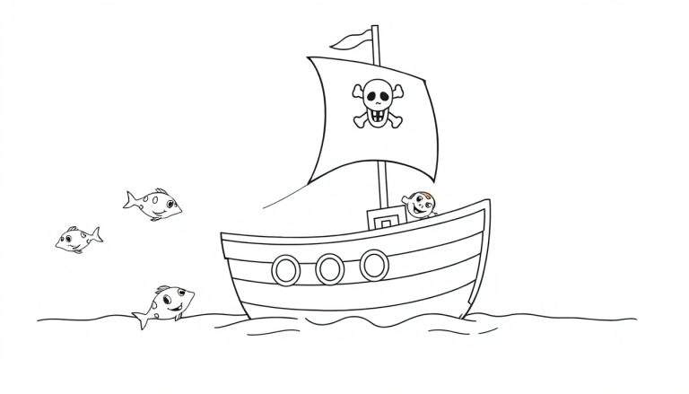 Placa de color de un barco pirata amigable con una calavera y huesos cruzados en la vela y peces nadando a su alrededor.