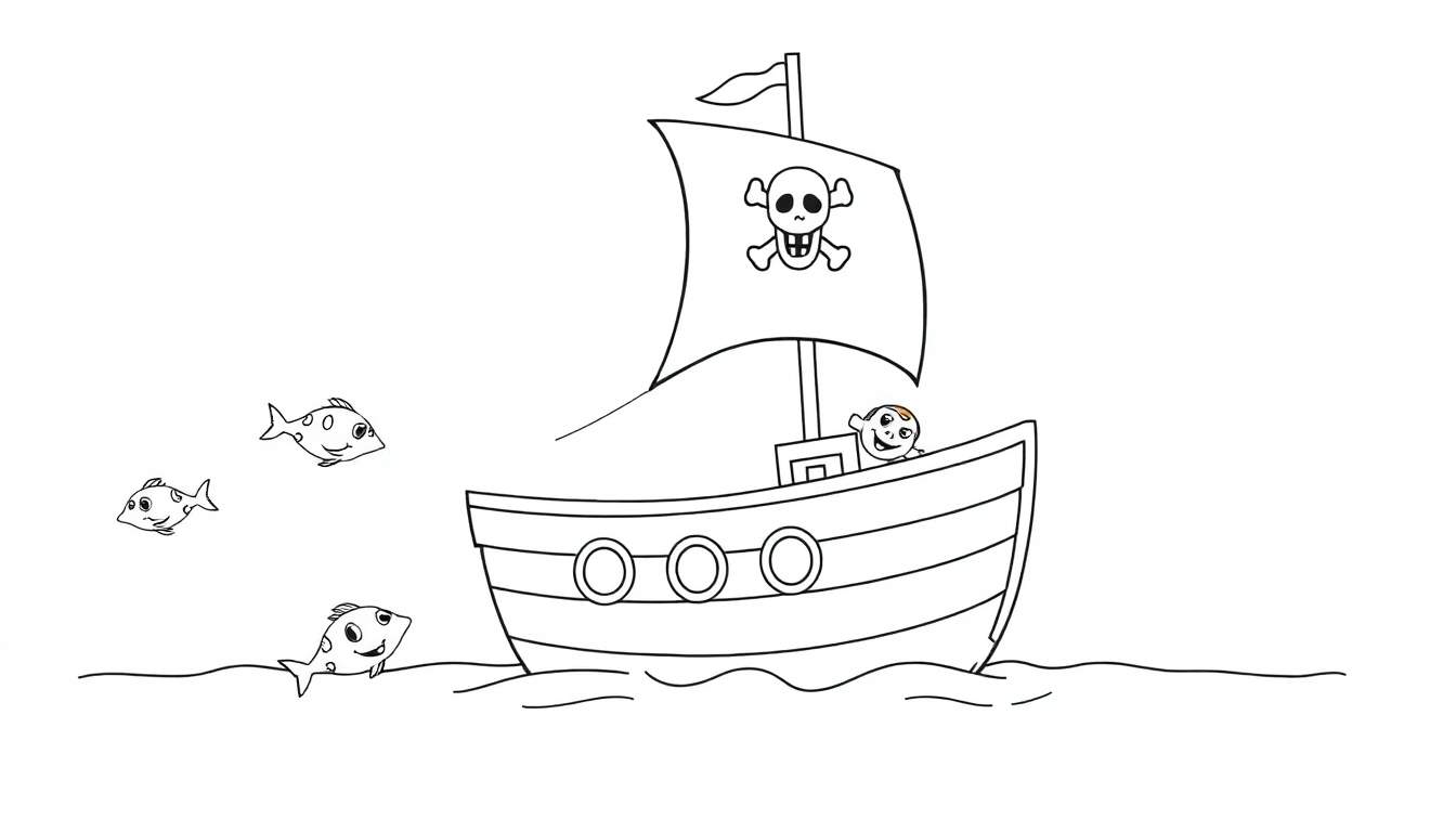 Placa de color de un barco pirata amigable con una calavera y huesos cruzados en la vela y peces nadando a su alrededor.