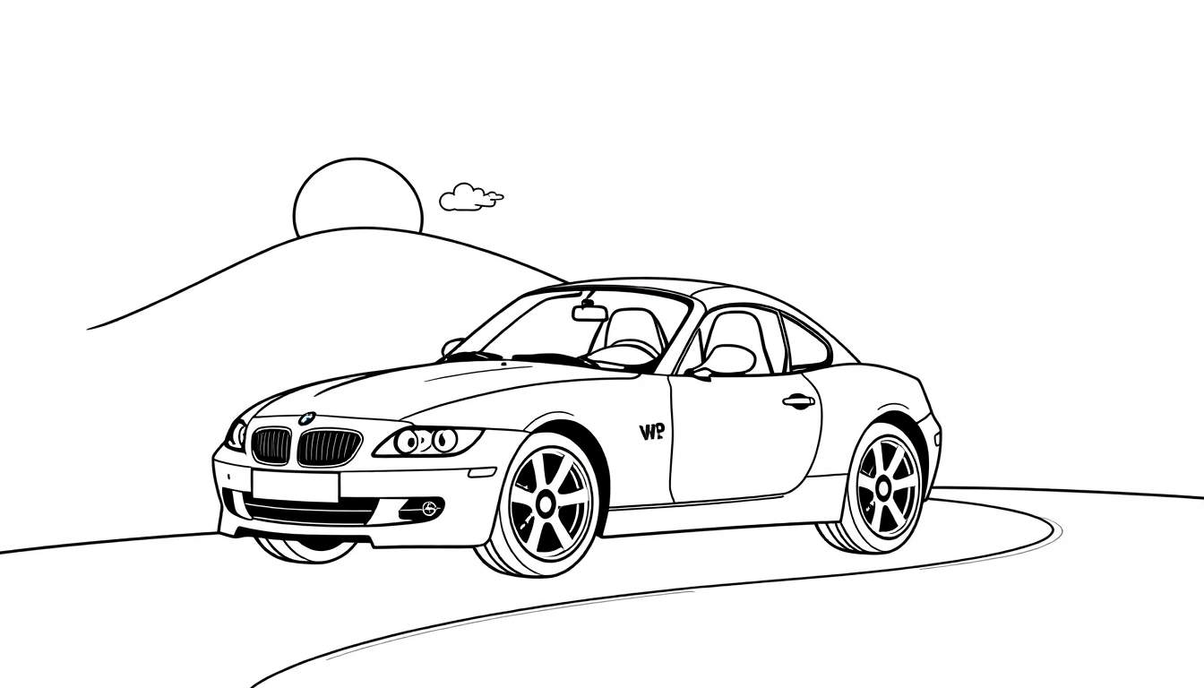 Un coche deportivo BMW clásico en blanco y negro, listo para ser coloreado, sobre una carretera curva con una placa de color en el fondo.